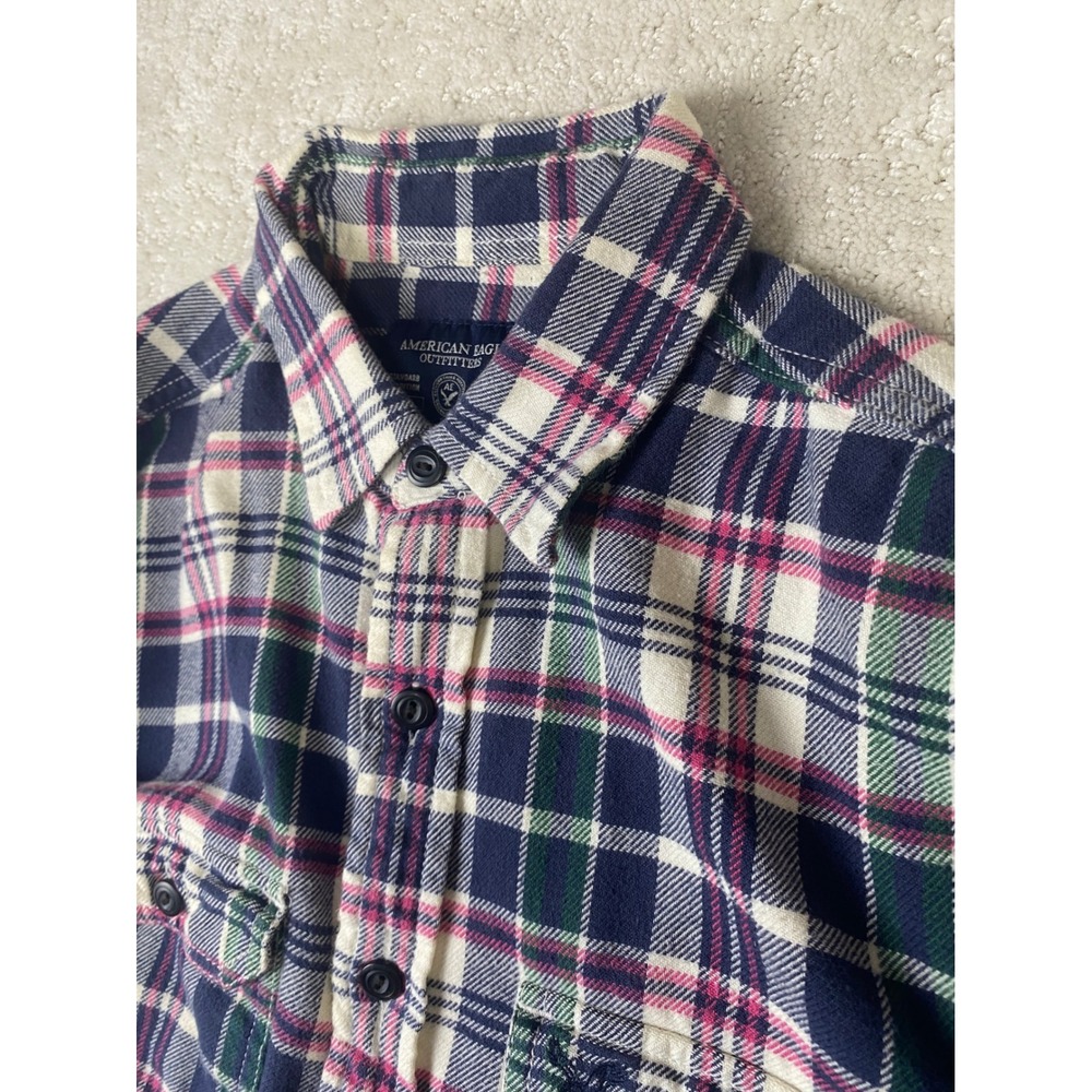 American Eagle Button Down Shirt Mens Small Blue Plaid Athletic Fit‎ Flannel